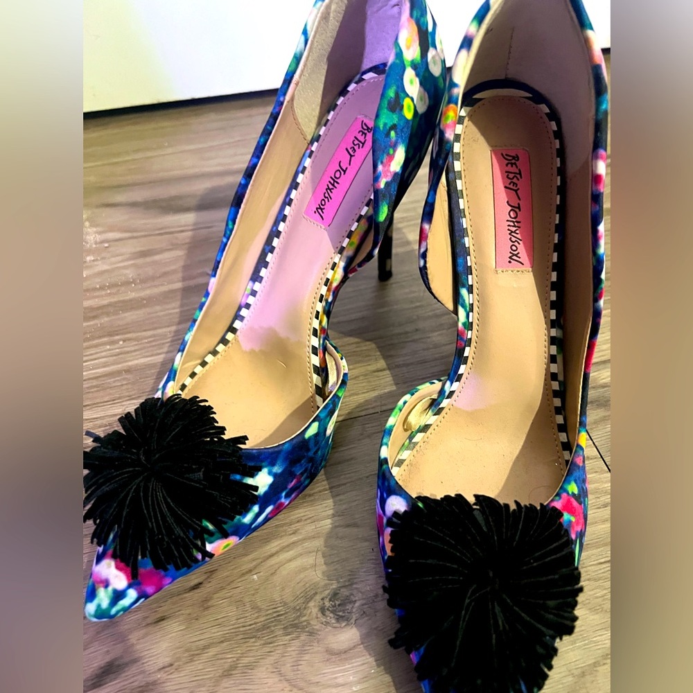 Betsey Johnson Blue and Black Heels with Pom-Pom Accent